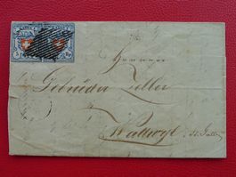 1852: Brief Männedorf mit 17II: T.10+11 U-LU +ATTEST, sauber