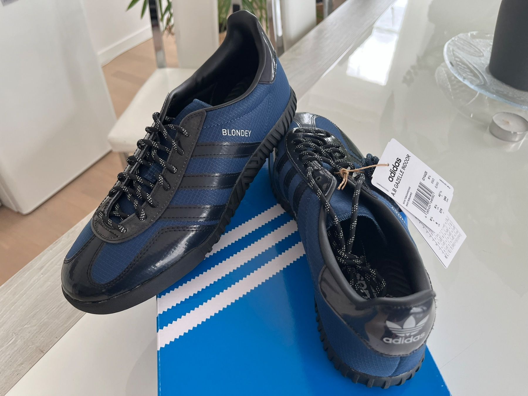 adidas gazelle silver green womens Adidas Men's x Blondey Gazelle Indoor Mineral Blue / Core Black Low Top  Sneakers main image 0