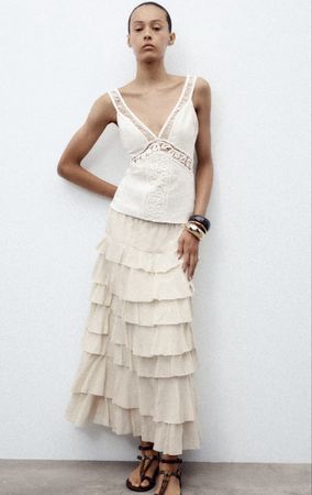 Weißes Camisole-Top aus Leinenmischung mit Spitzendetails. S