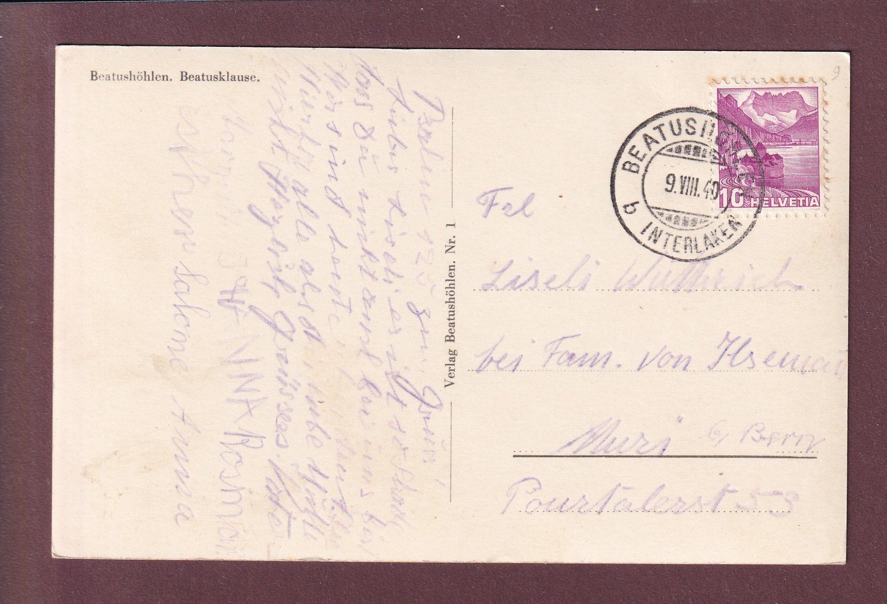 Ansichtskarten: BEATUSHÖHLEN - Beatusklause - 1940 – Gebraucht aus Pully von nicecards 1