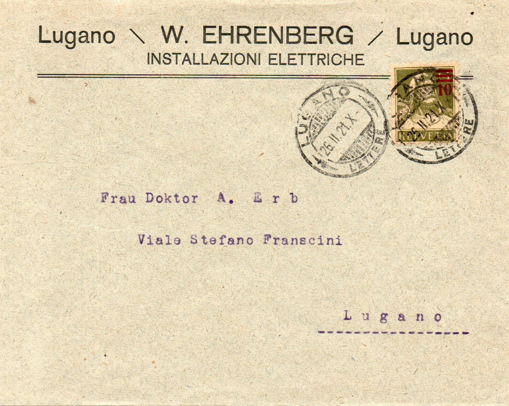 Tutti i francobolli: W.Ehrenberg - Lugano - Installazioni Elettriche – Usato da Melano venduto da pisonsdro