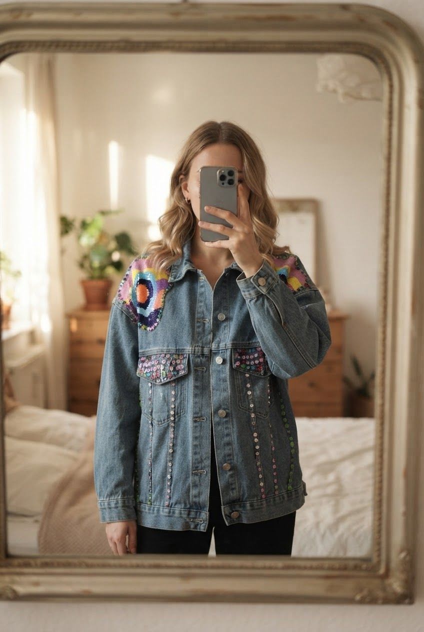 Giacche: Oversize Jeansjacke hellblau mit Applikationen – Nuovo (secondo la descrizione) da Winterthur venduto da Winnia
