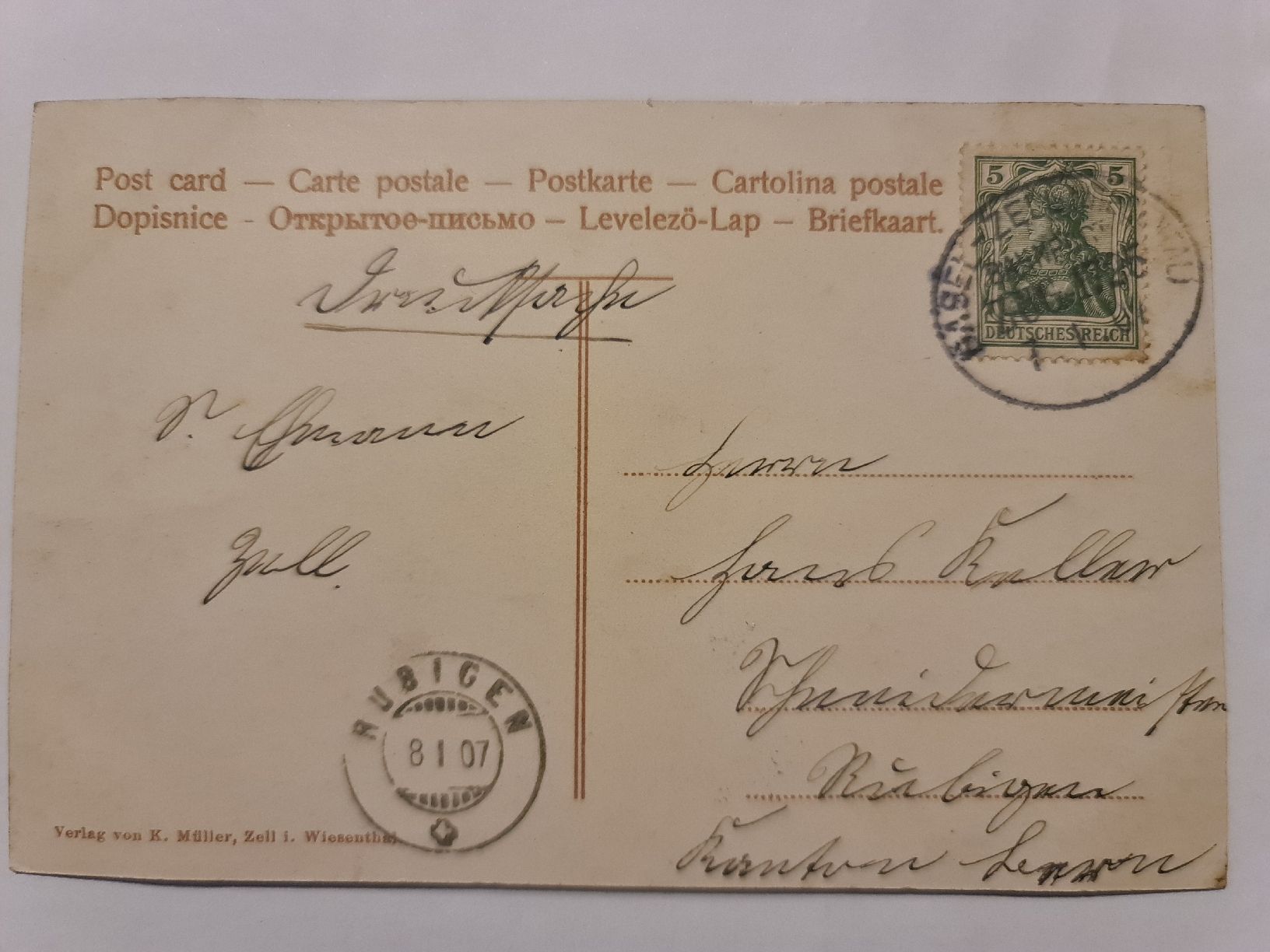 Cartoline postali: alte Ansichtskarte 1907 Zell i. W. 115 – Usato da Dintikon venduto da Vexi 1