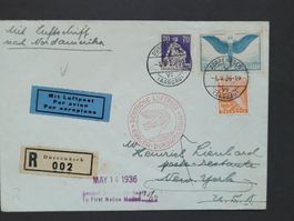 1936, Seltener Zeppelin-Luftpostbrief m. Einschreiben n. USA
