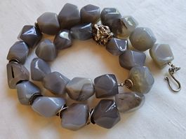 Silber Botswana Achat Halskette Collier Grau , 80er Jahre