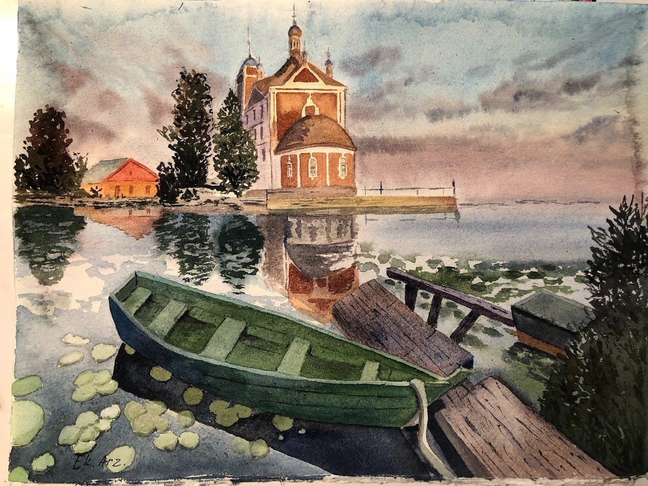 Dipinti: Original Aquarell "See mit Boot & Kirche" – Nuovo (secondo la descrizione) da Meggen venduto da My_art_for_you