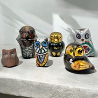 6 Figurines Hiboux Vintage céramique, bois et papier mâché