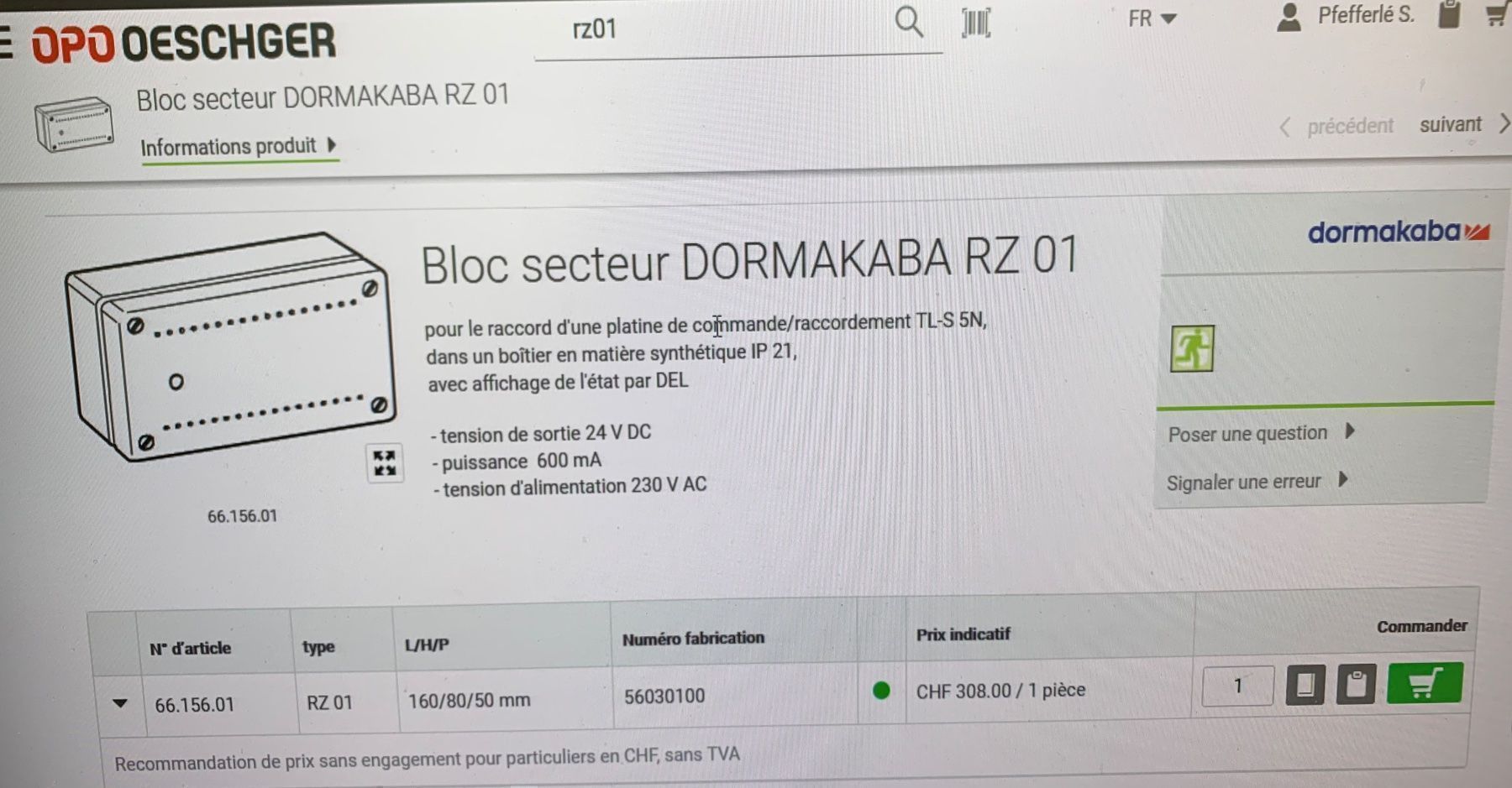 Dormakaba Componenti elettronici: Bloc secteur DORMA RZ01 (DORMAKABA) – Usato da Vernayaz venduto da Darkfrost 3