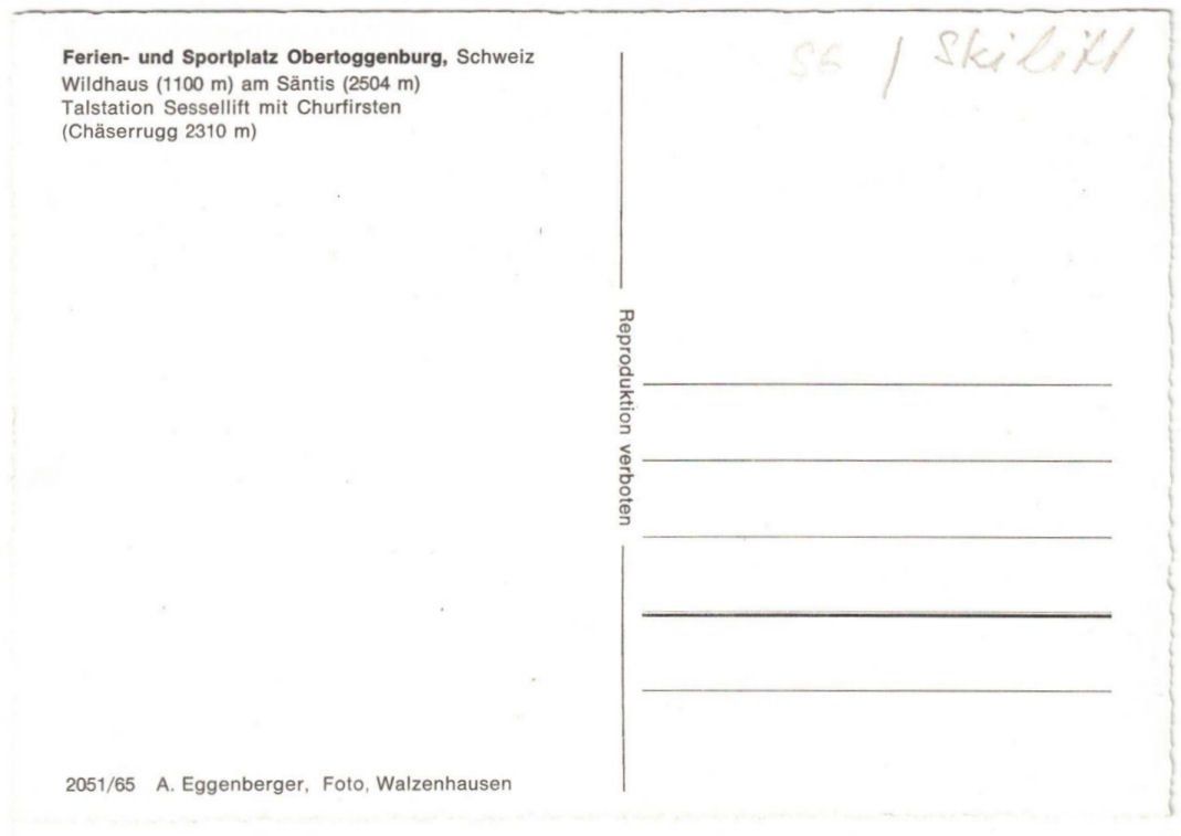 Cartoline postali: Wildhaus - Sessellift – Usato da Binningen venduto da Mountainrider 1