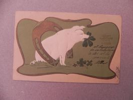 Präge Karte Motiv Humor Schwein Sau 1904 Neujahr Jugendstil