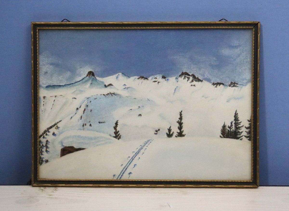 Dipinti: Kleines Aquarell, Winterlandschaft mit Langlaufspur, – Usato da Zug venduto da Kunst-Fundgrube 2
