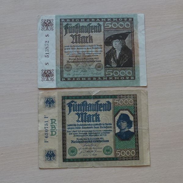 Banknoten: DR ++ 2x 5000 Mark 1922 (2 Typen) – Gebraucht aus Walkringen von Casablanca777 1