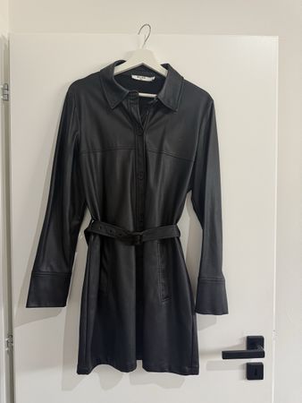 Black Belted Leather Trench Coat - Blazer Dress