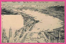 Der Zürich See aus der Vogelschau 2-Bild Karte Grossmünster