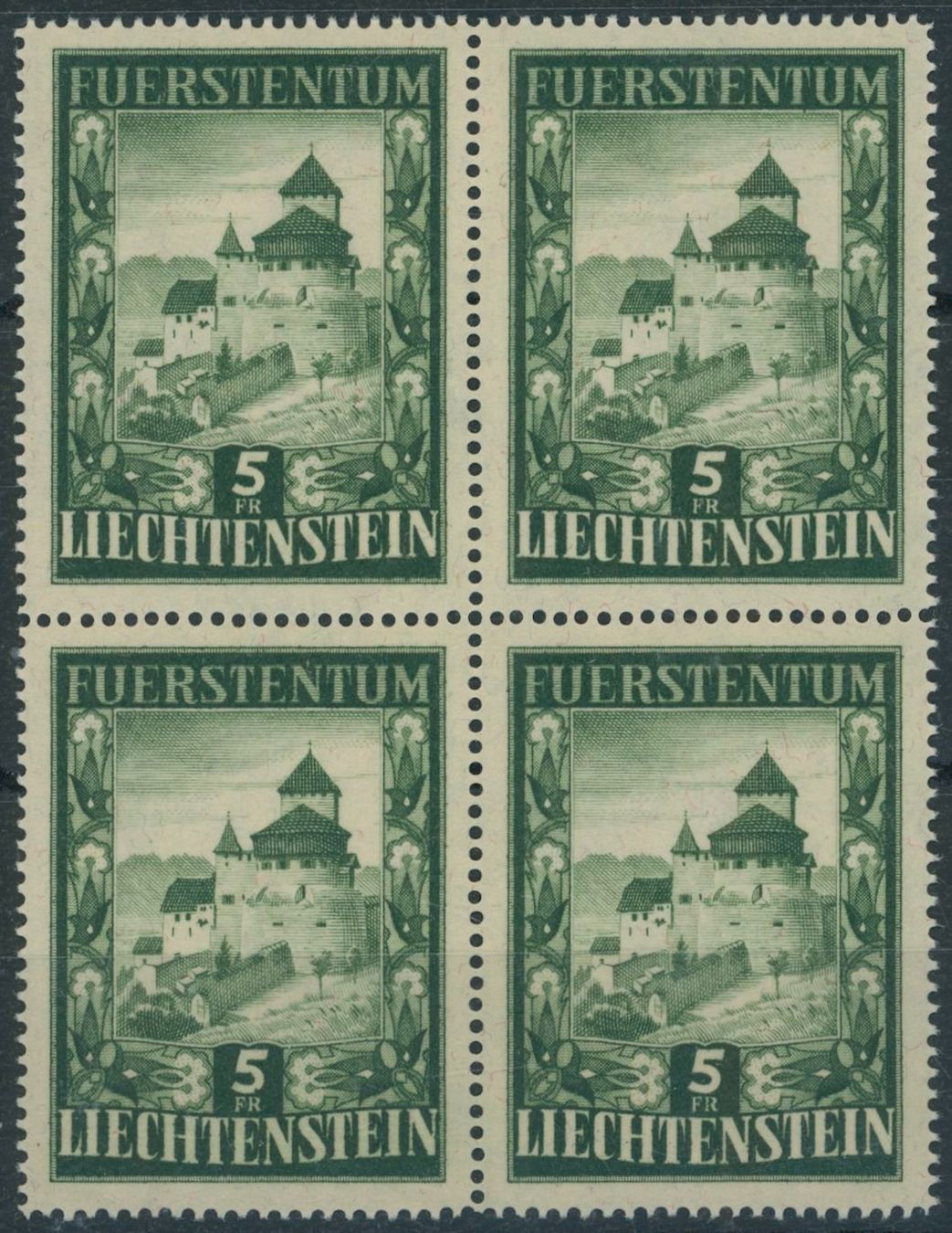 Tous les timbres: FL - 1952 - Schloss Vaduz - Viererblock - postfrisch ** – Neuf (Voir description) à Schindellegi par leecollect