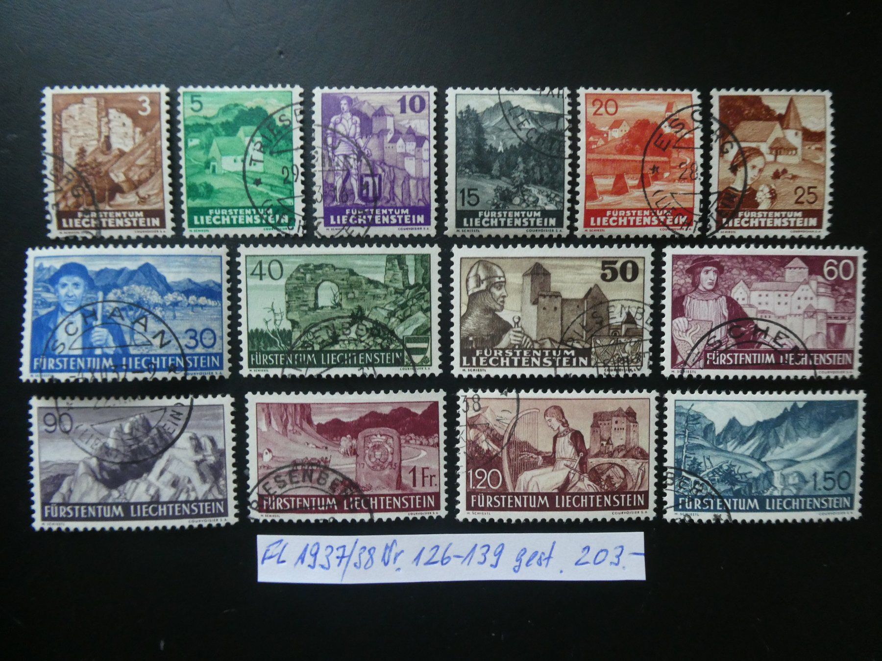 Tutti i francobolli: FL 1937/38 Nr. 126-139 gestempelt – Usato da Lausen venduto da Herbamare01