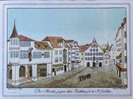 Handkolorierter Stich "Markt gegen dem Rathauss St. Gallen"