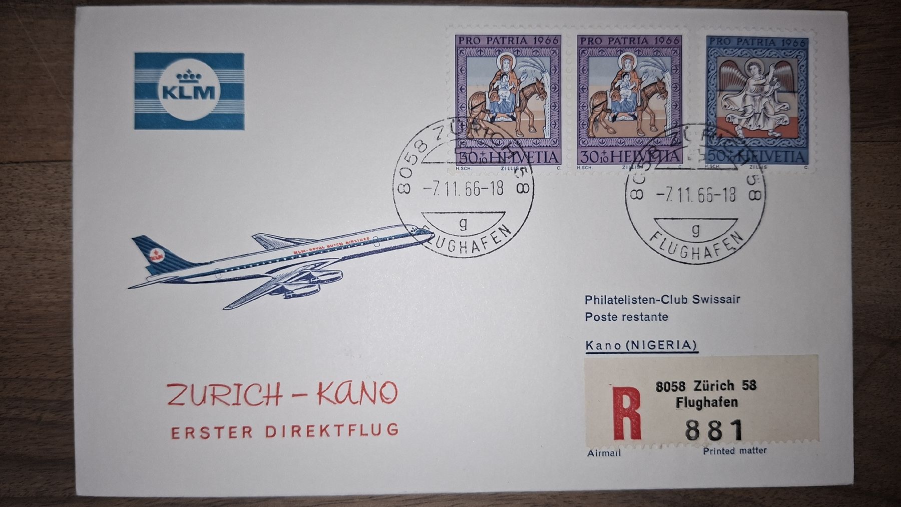 Tutti i francobolli: KLM Zürich - Kano 07.11.1966 – Usato da Balgach venduto da SIMEON27