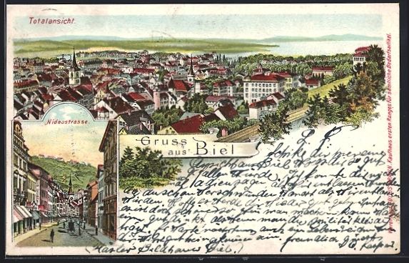 Cartoline postali: Litho Biel, Nidaustrasse, Totalansicht d – Usato da Berlin venduto da bartko-reher