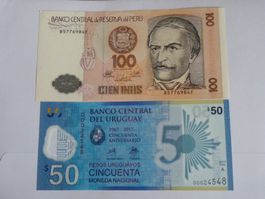 Peru & Uruguay Banknoten: 100 Cien Intis & 50 Pesos!, Neu