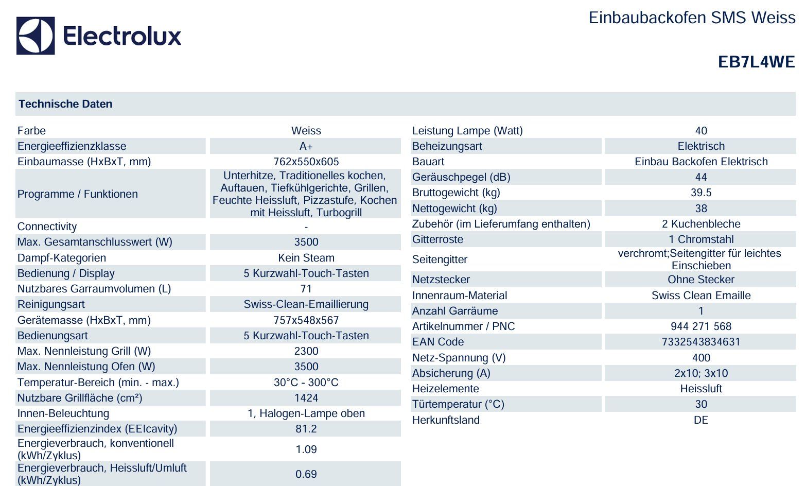 Electrolux Forni: 043 Electrolux Einbaubackofen SMS Weiss 76x55cm – Nuovo e nell'imballaggio originale da Derendingen venduto da Meisterstuecke 2