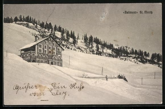 Cartoline postali: St. Moritz, Belmunt, Haus im Schnee, Eis – Usato da Berlin venduto da bartko-reher