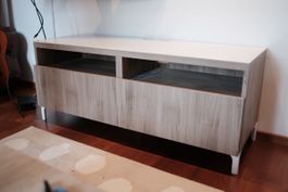TV Lowboard Wood Look with White Top and Metal Legs