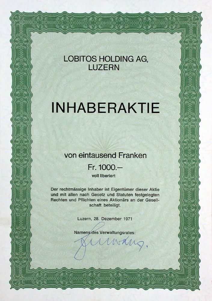 Documenti: Lobitos Holding AG Luzern - 1971 – Usato da Solothurn venduto da Sgasche