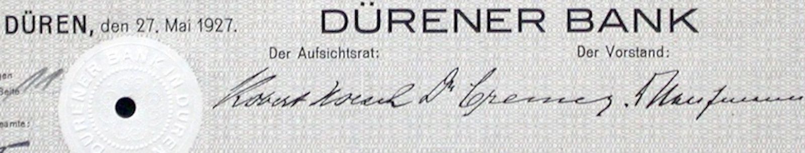 Documenti: Dürener Bank in Düren - 1927 – Usato da Solothurn venduto da Sgasche 1