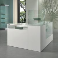 Theke+Glasvitrine ESG, Weiss (B.150/150cmxT.50cmxH.90/150cm)