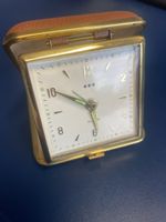 Vintage Reise Wecker, vergoldet, mit Lederetui, Top Zustand