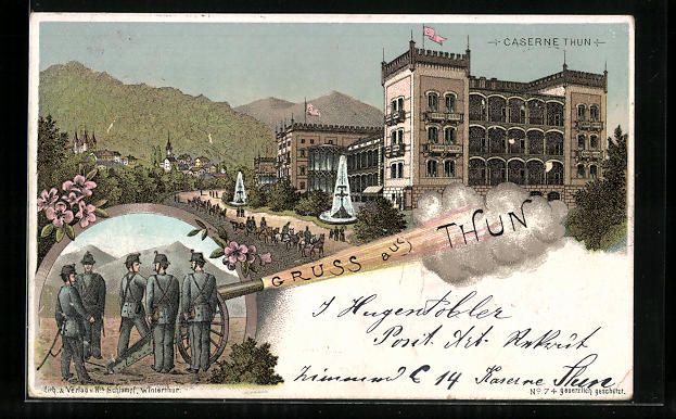 Cartoline postali: Litho Thun, Ansicht der Caserne, Schiess – Usato da Berlin venduto da bartko-reher