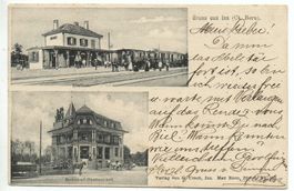2-Bild-AK Gruss aus INS Bahnhof-Restaurant, Station mit Bahn