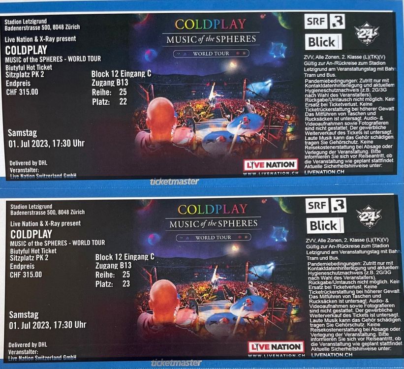 Coldplay Biutyful Hot Ticket VIP / 2 Top Seats / 01.07.23 Kaufen auf Ricardo