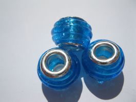 3 Grosslochperlen, Glas Beads gerillt mit Folie, blau