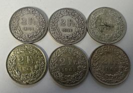 2 Fr. SILBERMÜNZEN SCHWEIZ, 6 STÜCK, Jg. 1941-46-58-61-63-64