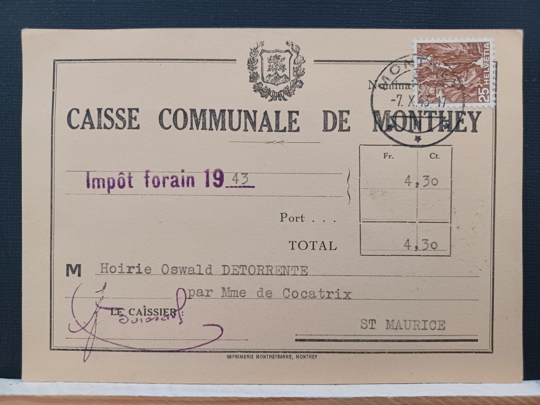 Tutti i francobolli: CAISSE COMUNALE DE MONTHEY, 1943 – Usato da Aarau Rohr venduto da mgvw