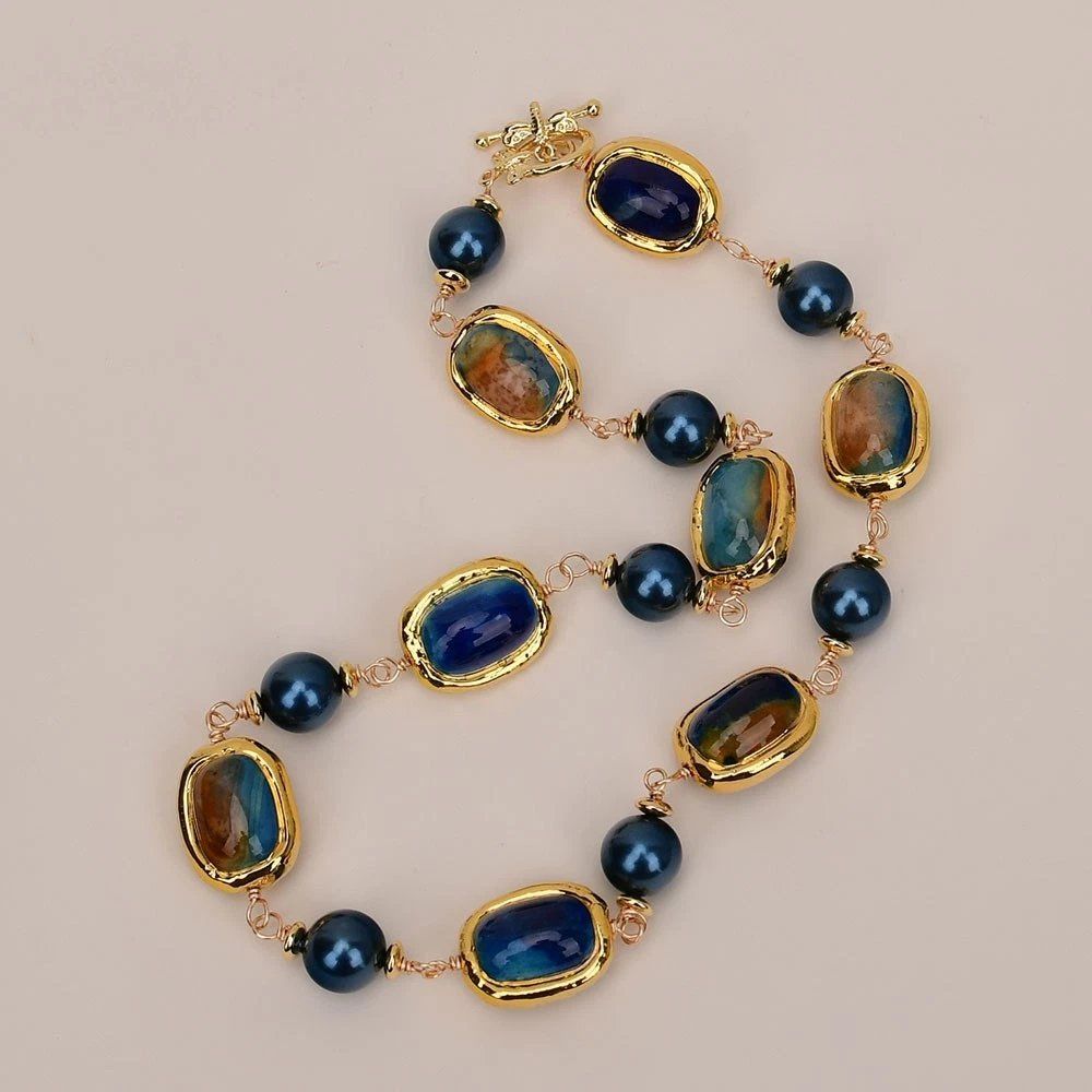 Catenine: Blau Achat Perlmutt Kette Echt Collier Agate Perle nacre – Nuovo (secondo la descrizione) da Prilly venduto da ilyria73 7