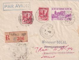 Luftpost-R-Brief Tunis (Tunesien) - Calcutta (Indien) 1945