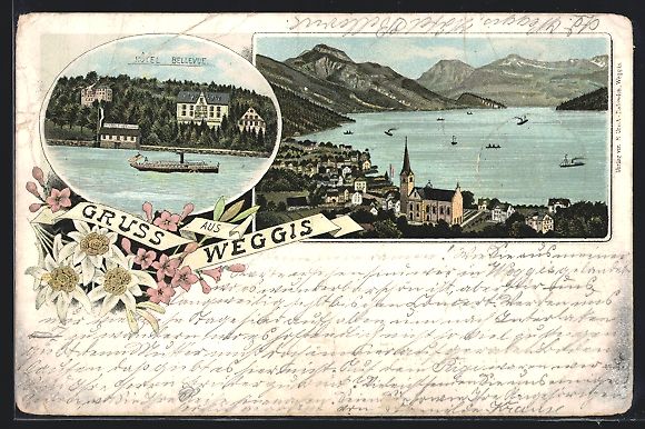 Cartoline postali: Litho Weggis, Hotel Bellevue, Ortsansich – Usato da Berlin venduto da bartko-reher