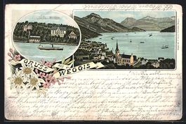 Litho Weggis, Hotel Bellevue, Ortsansich
