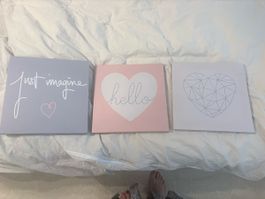 3 Bilder Herzkunst Deko Motiv "Hello" "Just imagine" neu