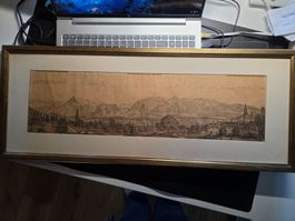 antike Panorama Karte Bild Feder Zeichnung Berner Alpen