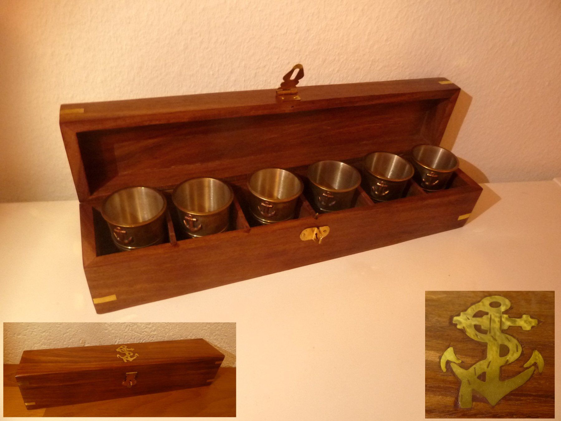 Barattoli: NEU Maritime edle Holzbox 6 Schnapsglas aus Messing – Nuovo (secondo la descrizione) da Hochfelden venduto da swissice