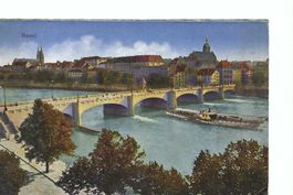 Basel Rheinbrücke mit Personen - Dampfschiff