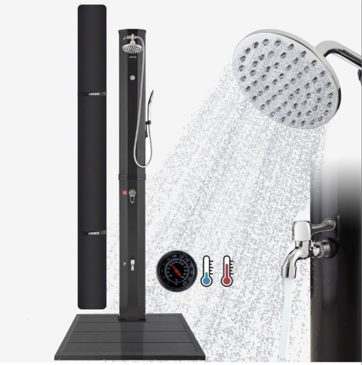 Duschbrausen: Solardusche 60L mit Handbrause und Themometer schwarz/silber – Neu (gemäss Beschreibung) aus Spreitenbach von SamLagerOutlet