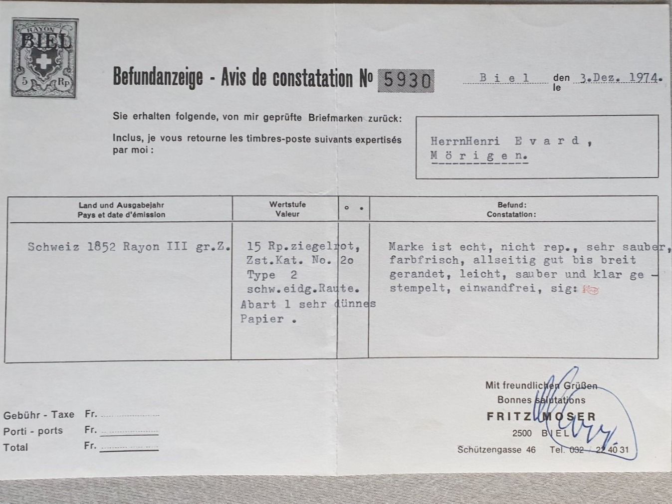 Tutti i francobolli: (246) Rayon III Schweiz 1852 mit Befund – Usato da Schwarzhäusern venduto da Inot3 4