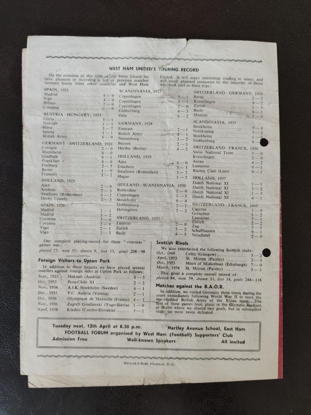 Libri: West Ham United vs Servette FC programme 1954 – Usato da Moléson-s-Gruyères venduto da Greg2707 2
