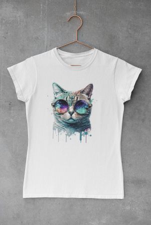 Damen M Baumwolle T-shirt Katze Druck NEU
