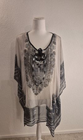 Sommer Tunika Top mit Perlen, Schwarz/Weiss, Gr. 38/40